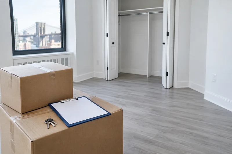 Illustrative moving boxes and a clipboard beside an accessible empty apartment closet
