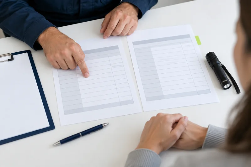 Illustrative comparison of blank service proposal sheets with inspection equipment
