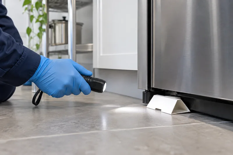 Illustrative insect monitoring station beside a refrigerator during a kitchen inspection
